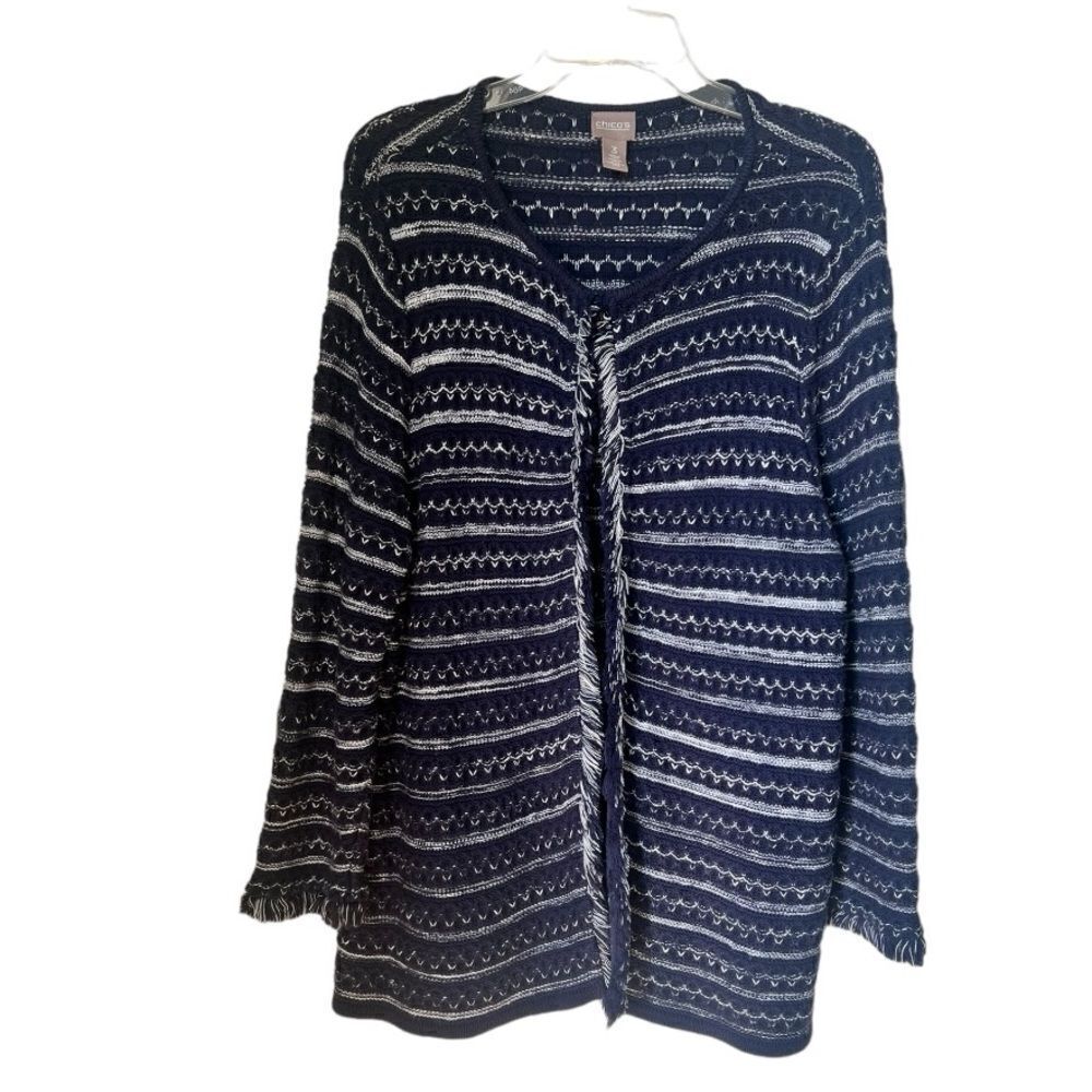 Chico's Women's Navy Blue White stripes Fringe Trim Cardigan Sweater Chico's 3